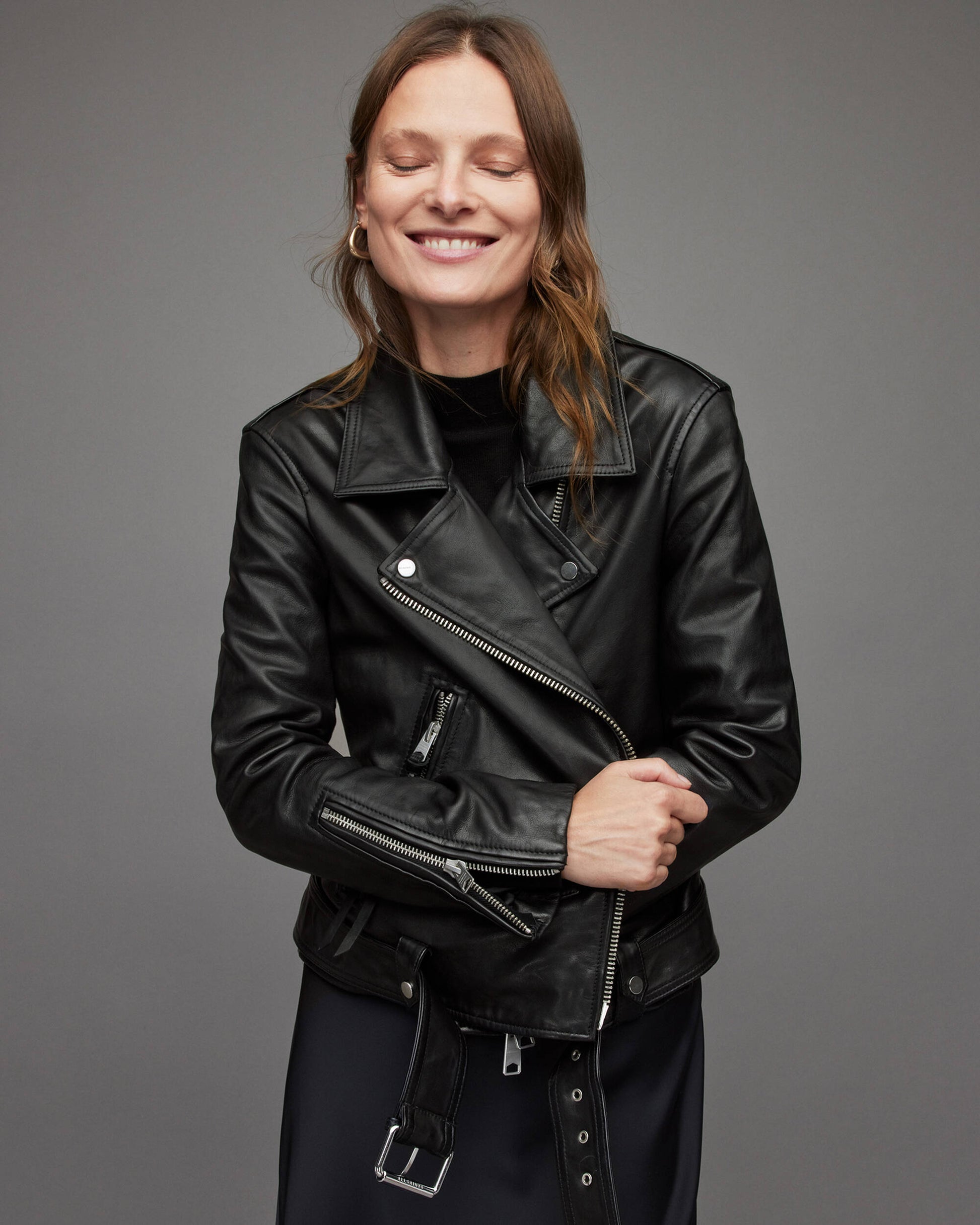 Women's Leather Biker Jacket In Black With Belt