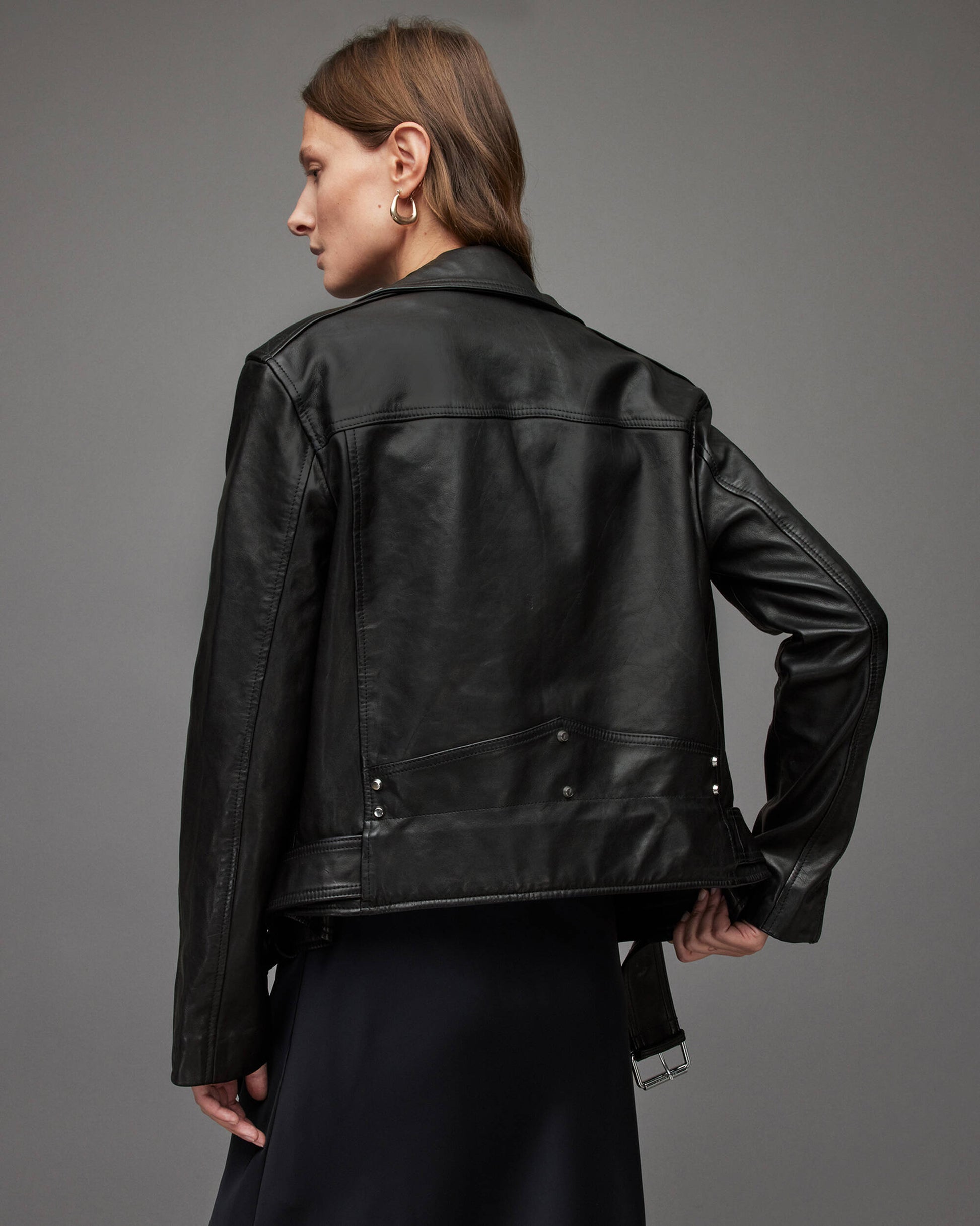 Women's Leather Biker Jacket In Black With Belt