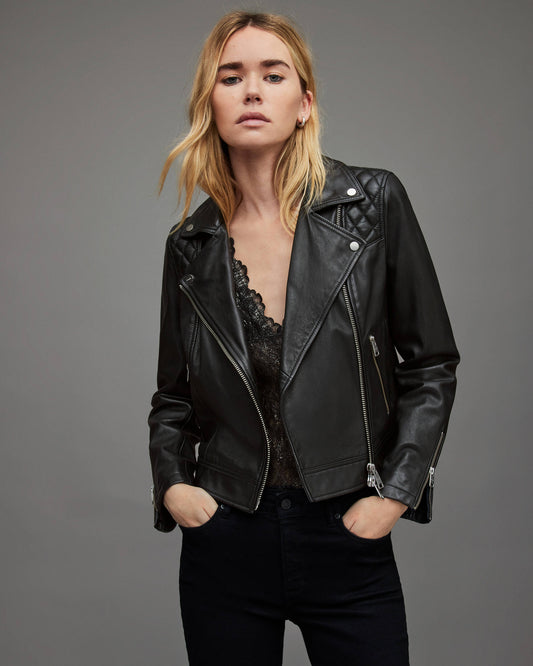 Women's Leather Biker Jacket In Black With Quilted Shoulder