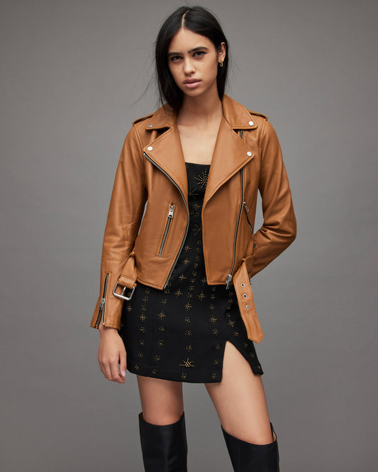 Women's Leather Biker Jacket In Tan Brown