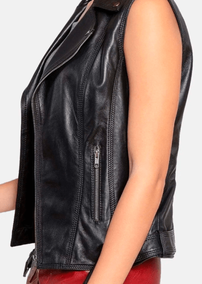 Women's Leather Biker Vest In Black With Belt