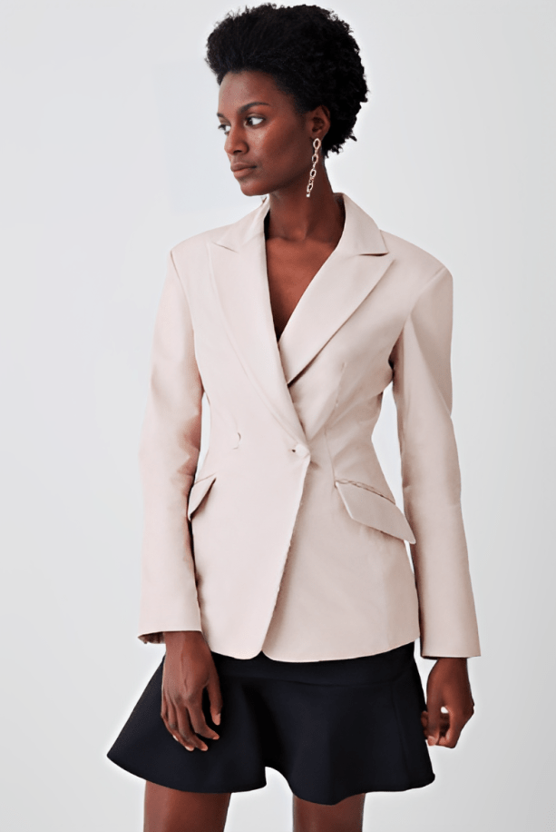 Women's Leather Blazer In Beige With Corset Waist