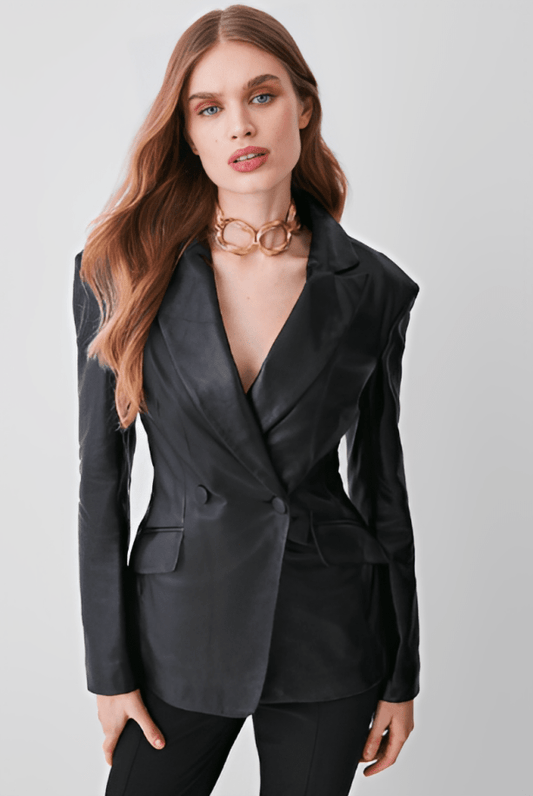 Women's Leather Blazer In Black With Corset Waist