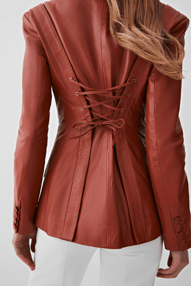 Women's Leather Blazer In Dark Tan With Corset Waist