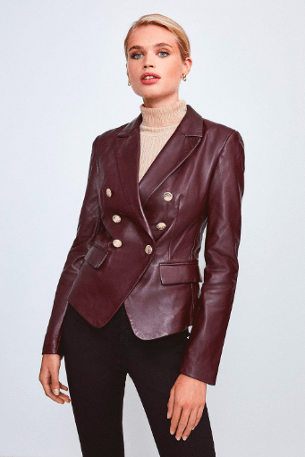 Women's Leather Blazer In Mahogany Red With Golden Buttons
