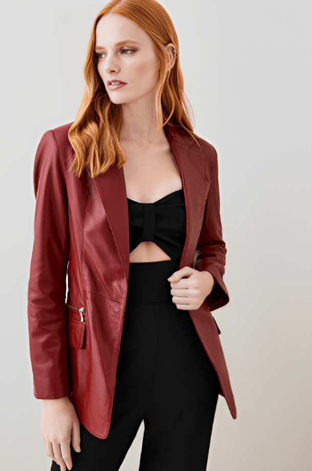 Women's Leather Blazer In Wine Red