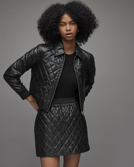 Women's Quilted Leather Bomber Jacket In Black