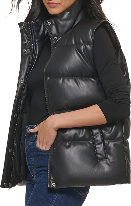 Women's Leather Puffer Vest In Black