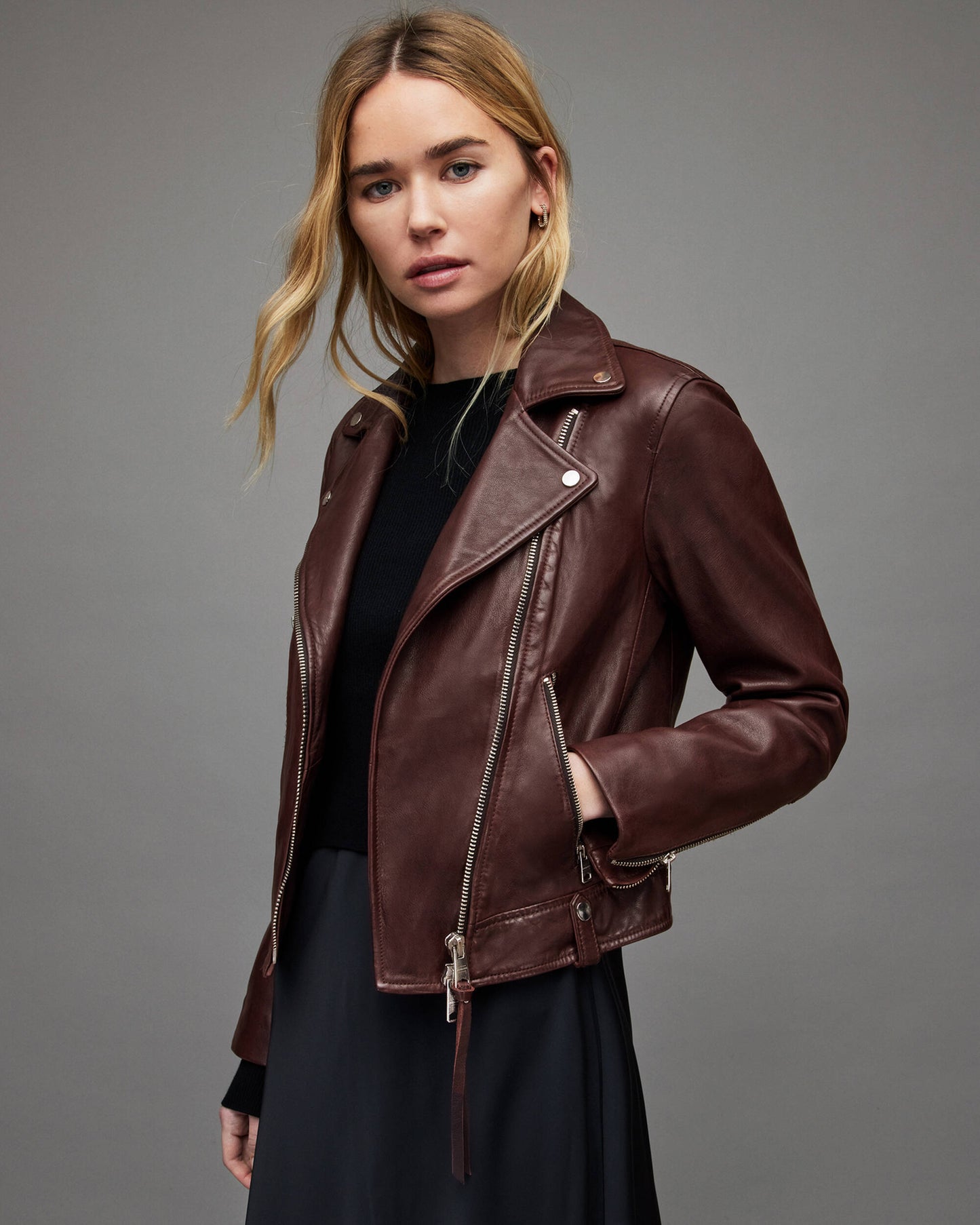 Women's Leather Biker Jacket In Maroon