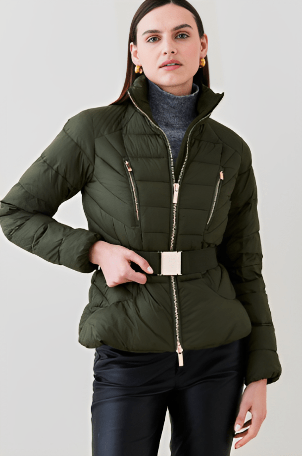 Women's Puffer Jacket In Khaki With Belt
