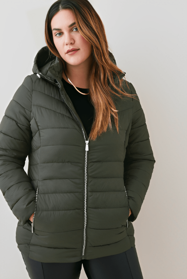 Women's Puffer Jacket In Khaki With Hood