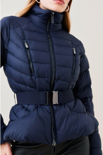 Women's Puffer Jacket In Navy Blue With Belt