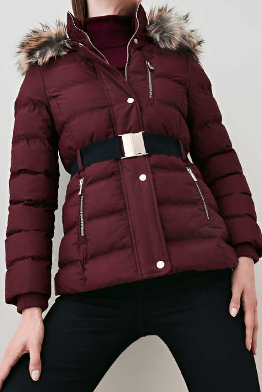 Women's Puffer Jacket In Ox Red With Fur Collar