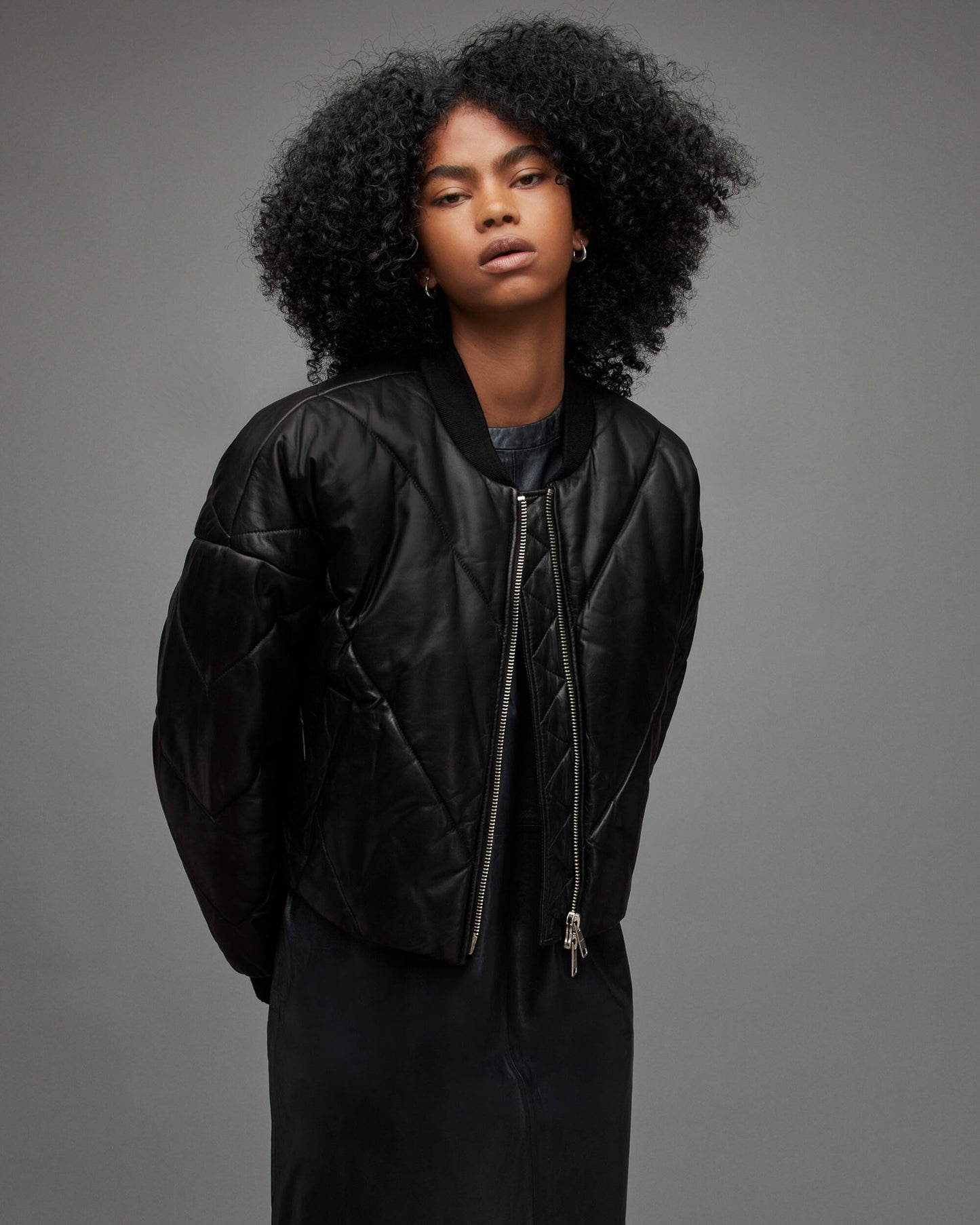 Women's Puffer Leather Jacket In Black