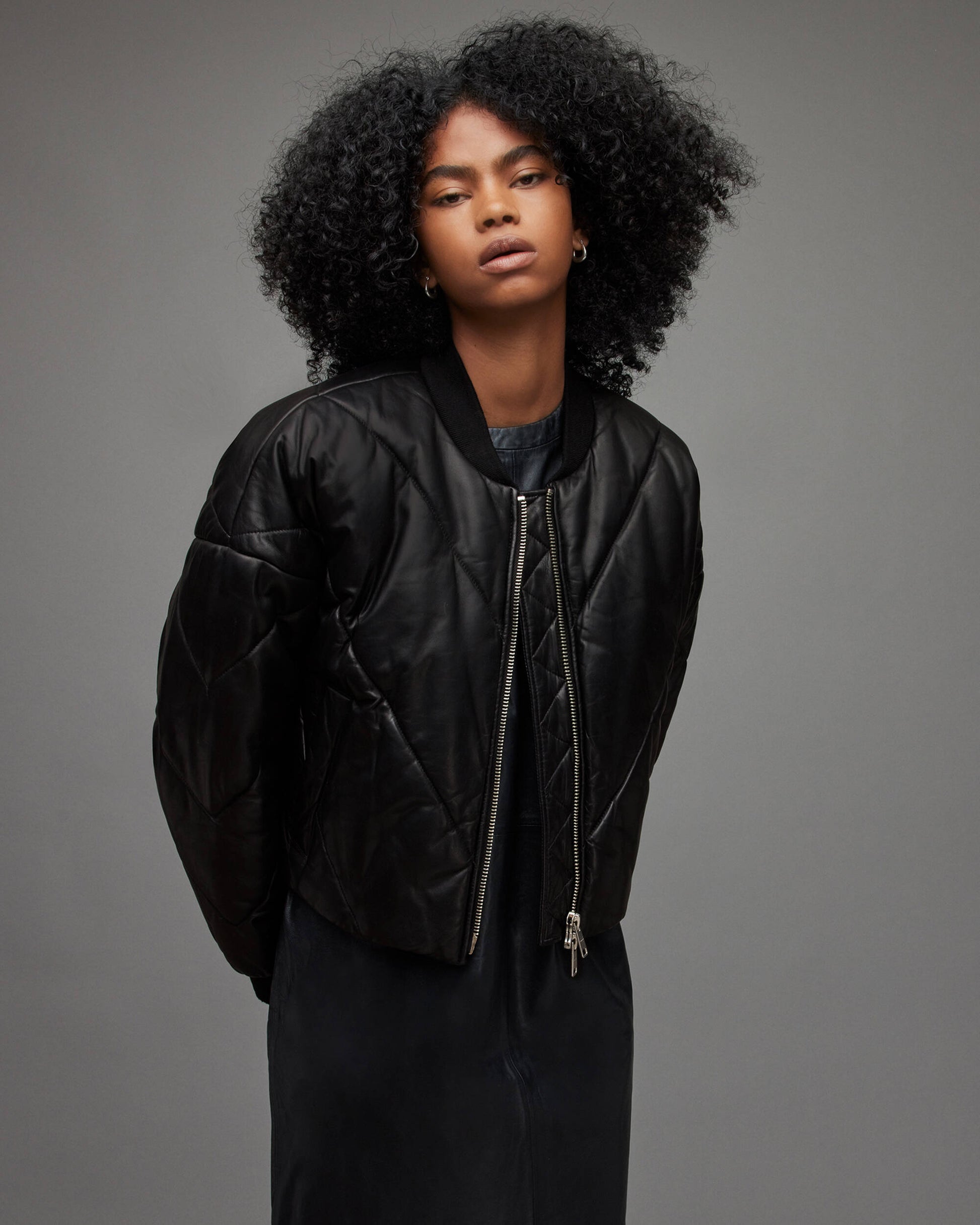 Women's Puffer Leather Jacket In Black