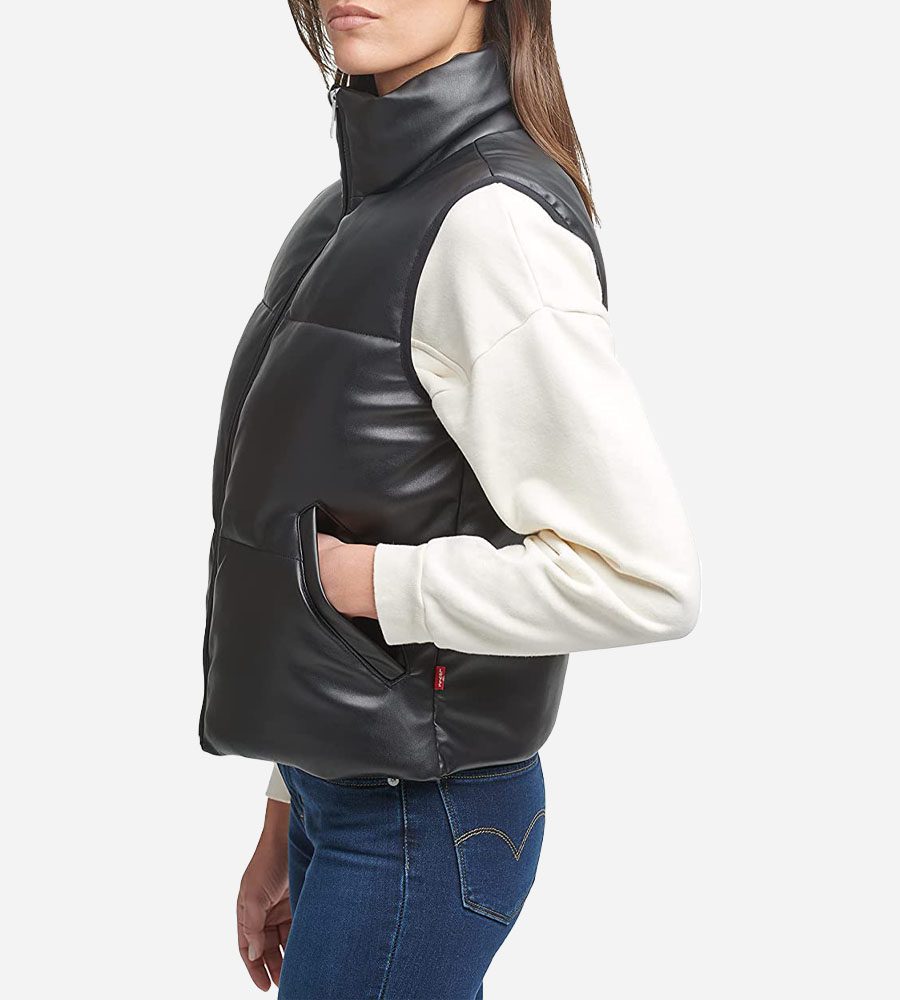 Women's Puffer Leather Vest In Black