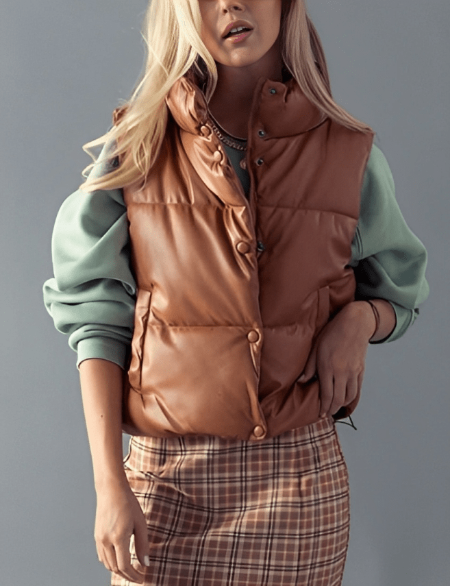 Women's Puffer Leather Vest In Tan Brown