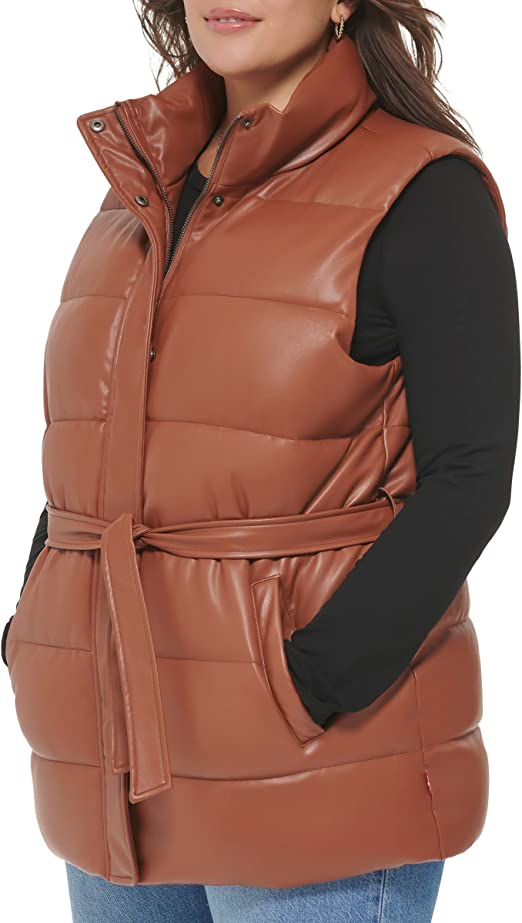 Women's Puffer Leather Vest In Chocolate Brown With Belt