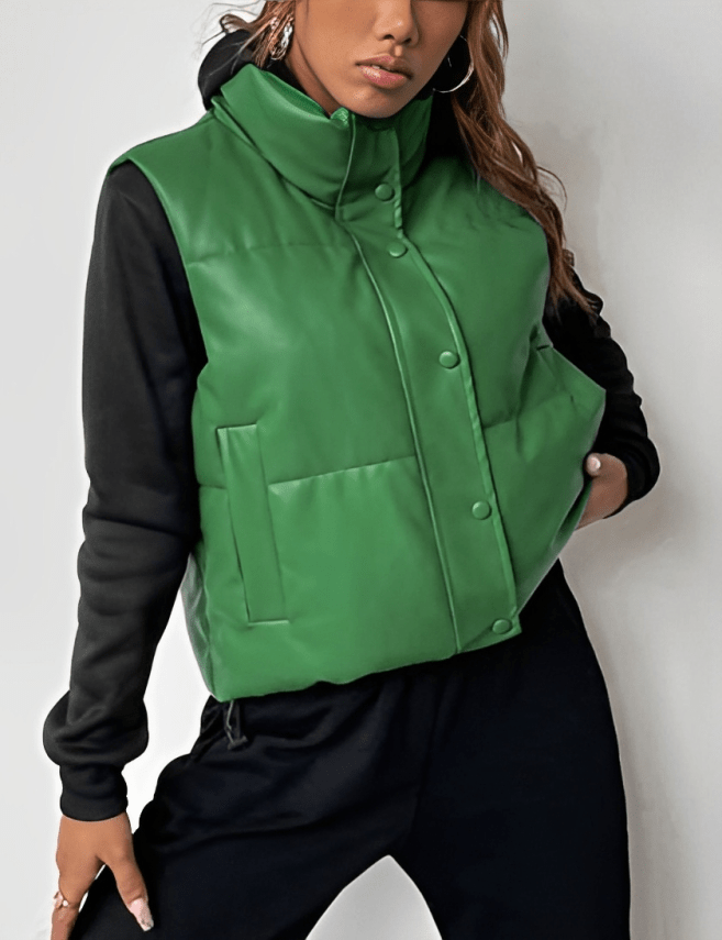 Women's Puffer Leather Vest In Green