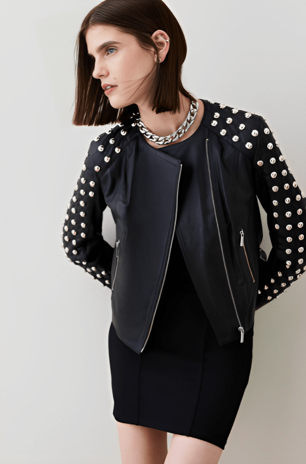 Women's Quilted Studded Leather Jacket In Black