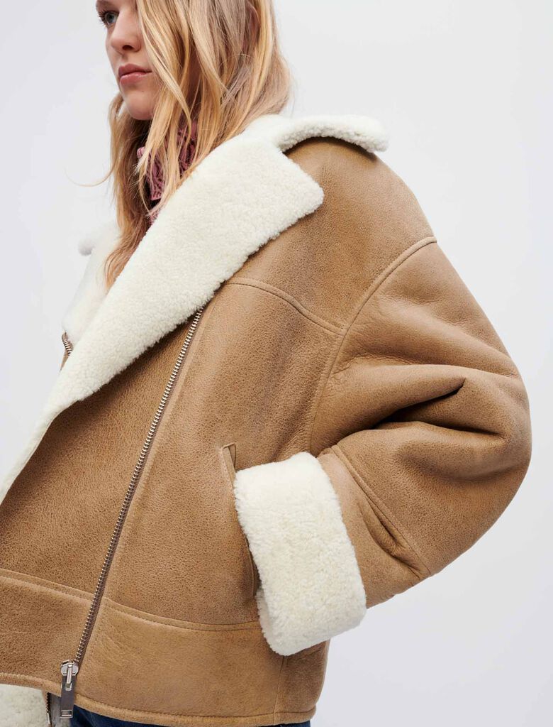 Women's Shearling Biker Leather Jacket In Brown