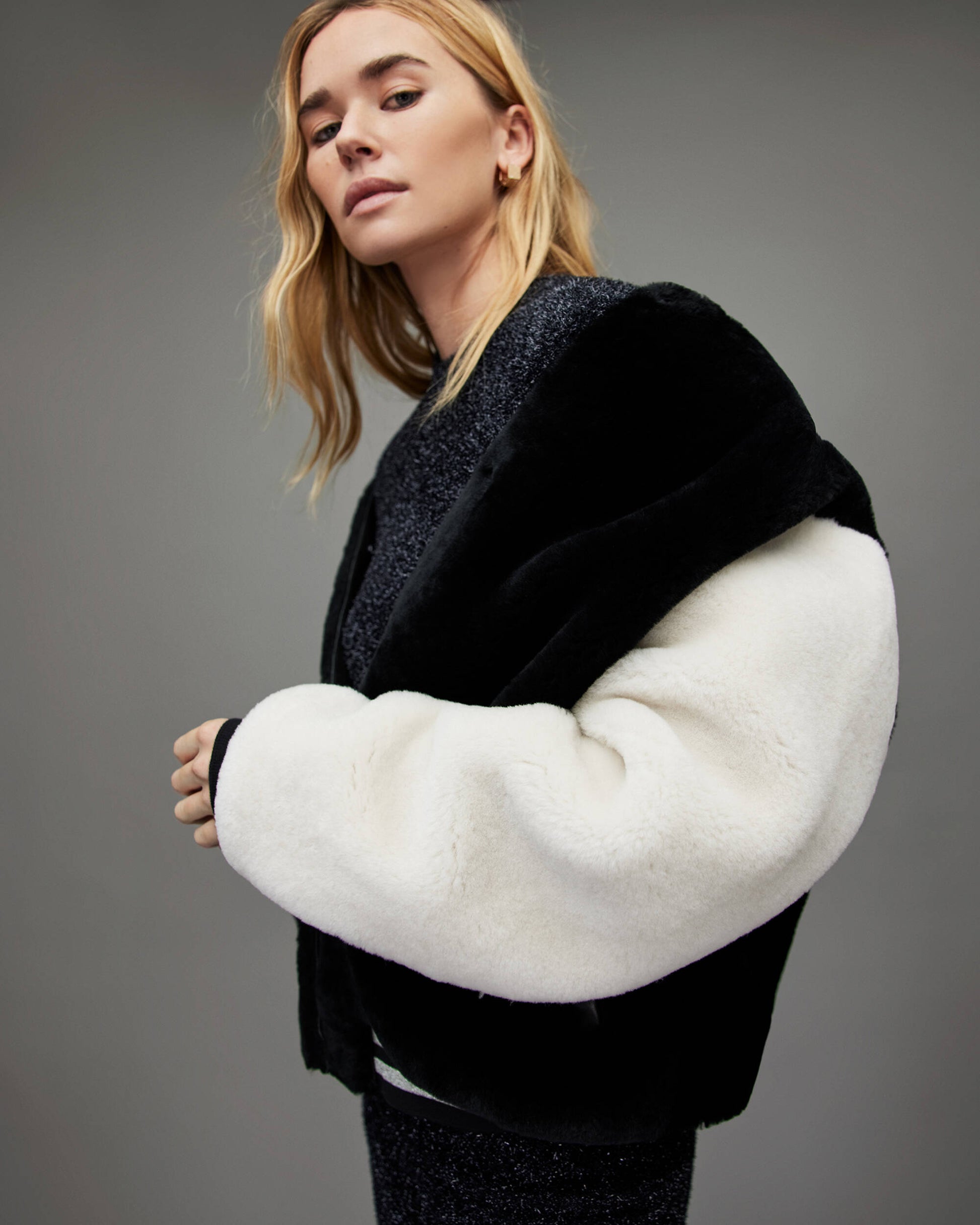 Women's Shearling Bomber Jacket In White & Black