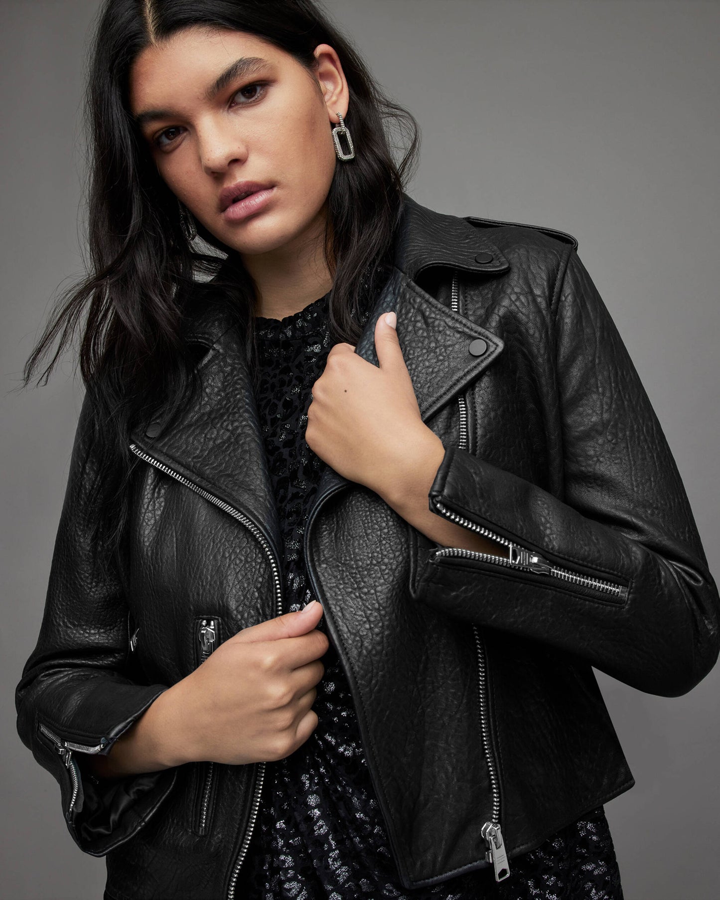 Women's Snake Print Leather Biker Jacket In Black