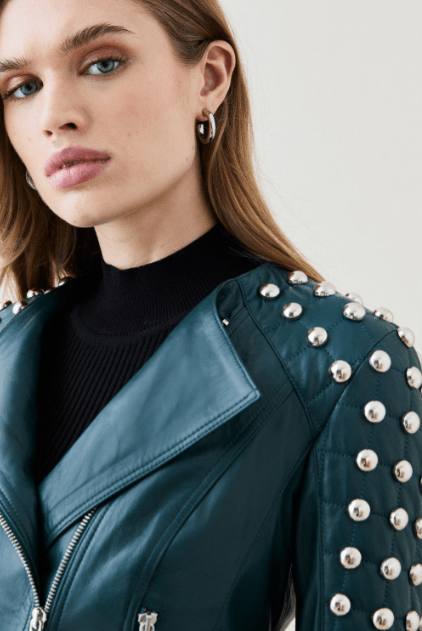 Women's Quilted Studded Leather Jacket In Jade