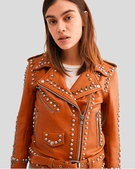 Women's Studded Leather Biker Jacket In Tan Brown