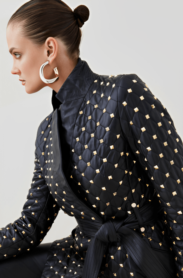 Women's Gold Studded Leather Blazer In Black