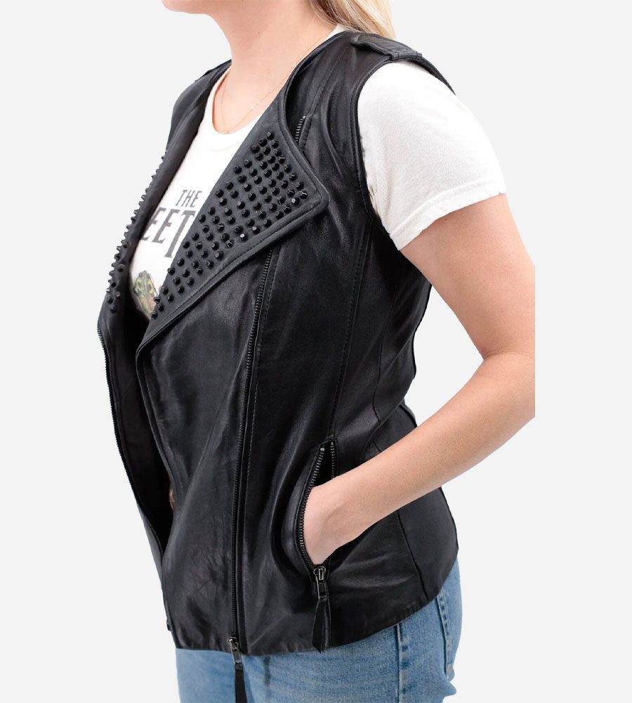 Women's Studded Leather Vest In Black