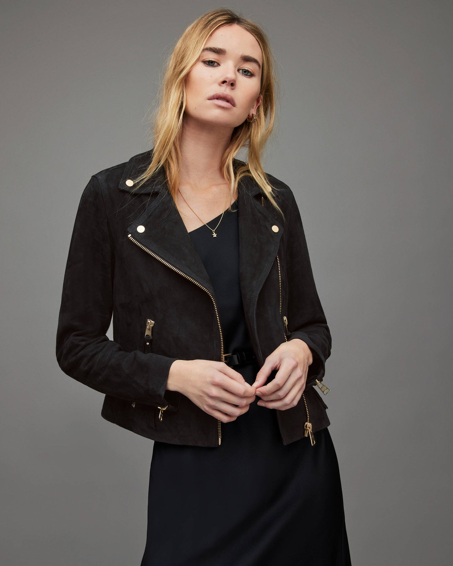 Women's Suede Leather Biker Jacket In Black