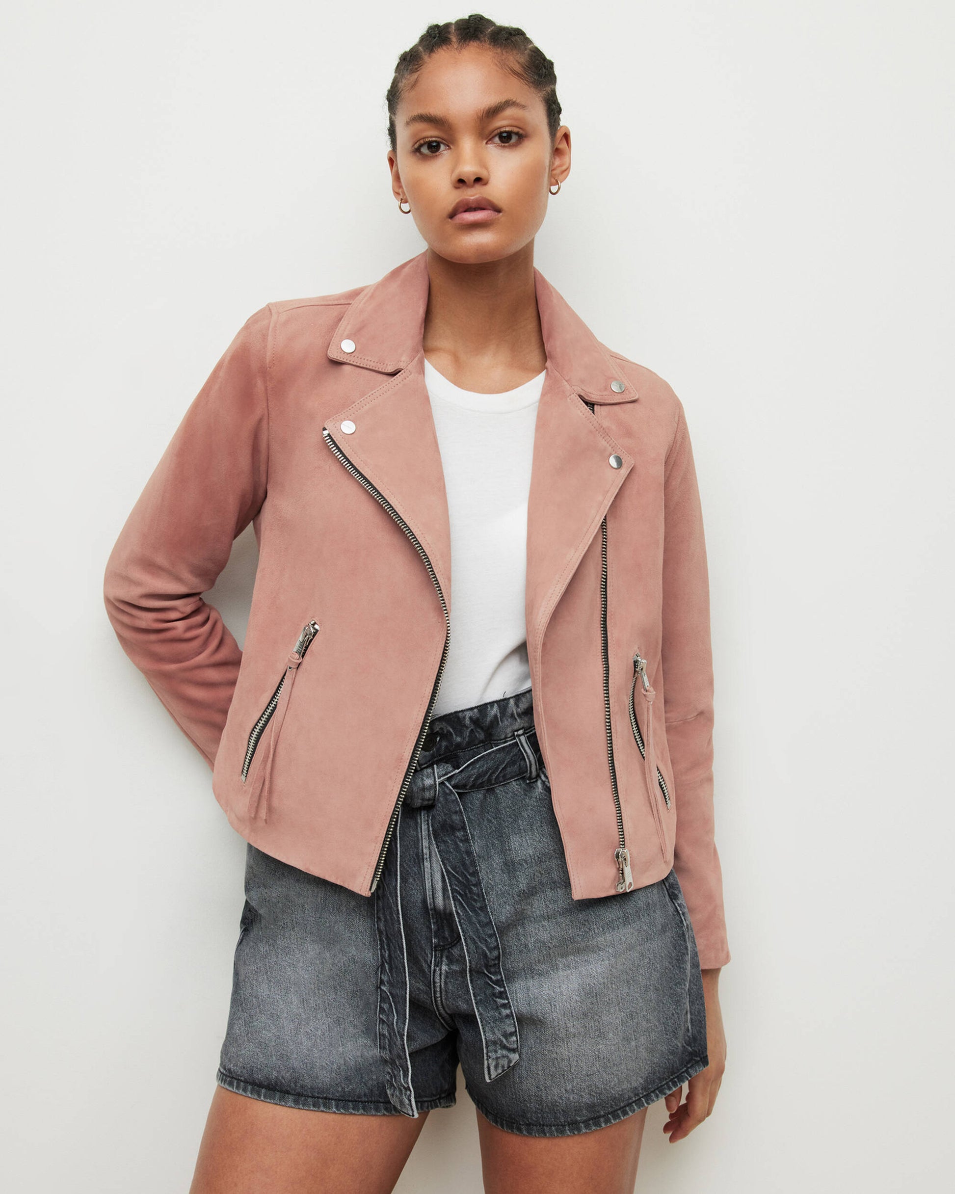 Women's Suede Leather Biker Jacket In Pink