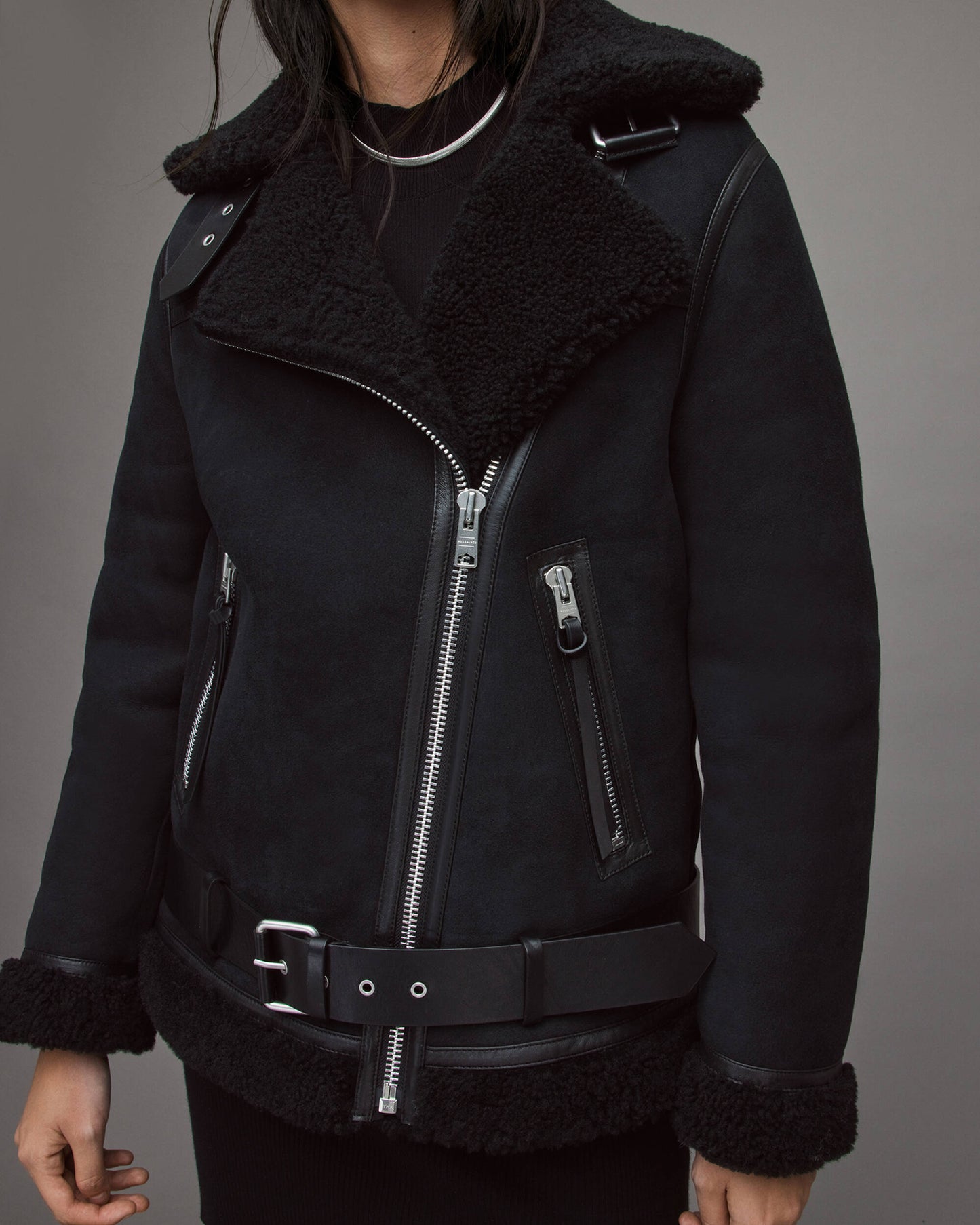 Women's Suede Leather Shearling Biker Jacket In Black