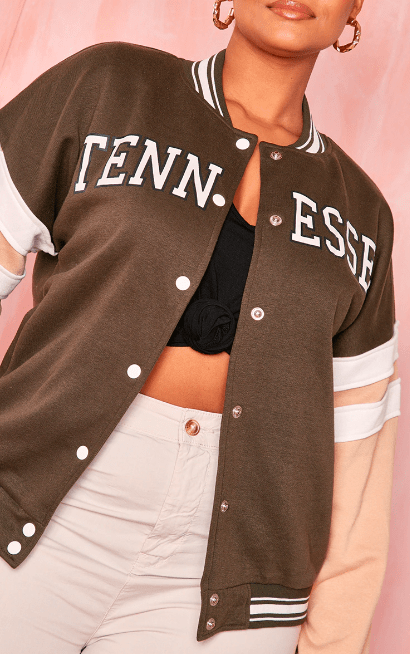 Women's Varsity Bomber Leather Jacket In Brown & Pink Sleeves