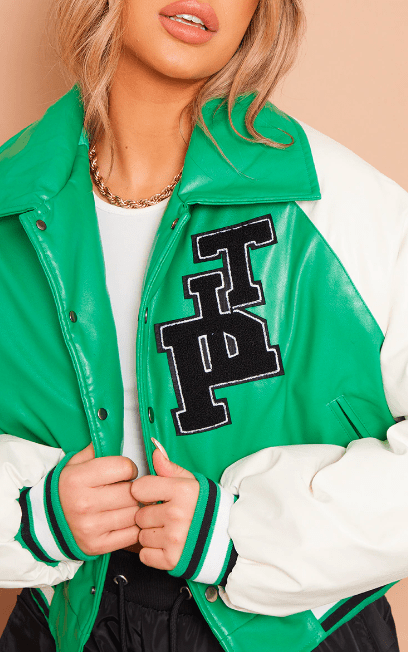 Women's Varsity Bomber Leather Jacket In Green & White Sleeves