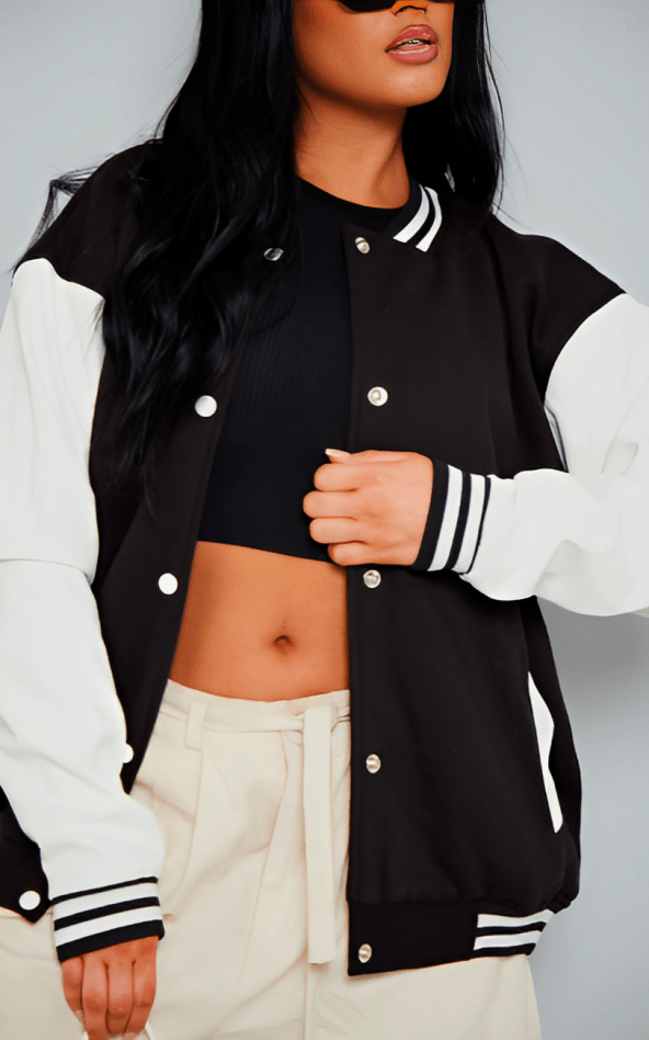 Women's Varsity Leather Bomber Jacket In Black