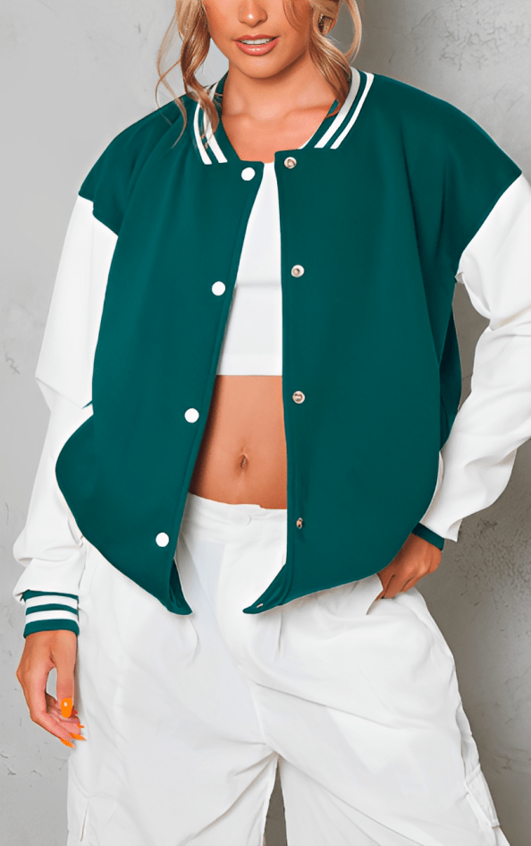 Women's Varsity Leather Bomber Jacket In See Green