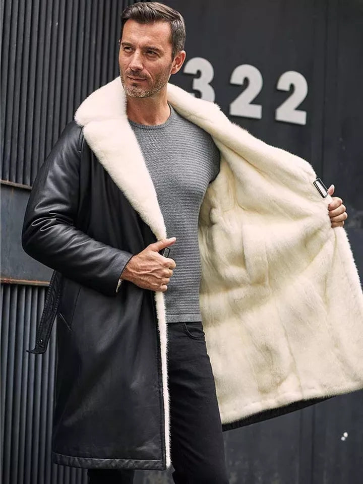 Men's Double Sided Shearling Leather Coat In Matte Black