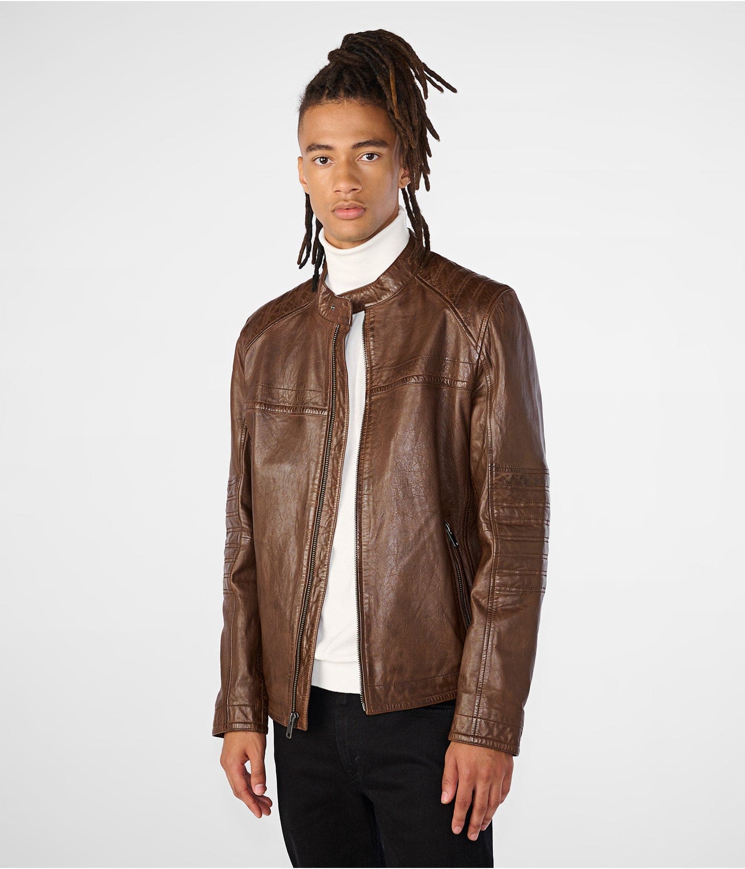 Men's Leather Cafe Racer Biker Jacket In Dark Brown