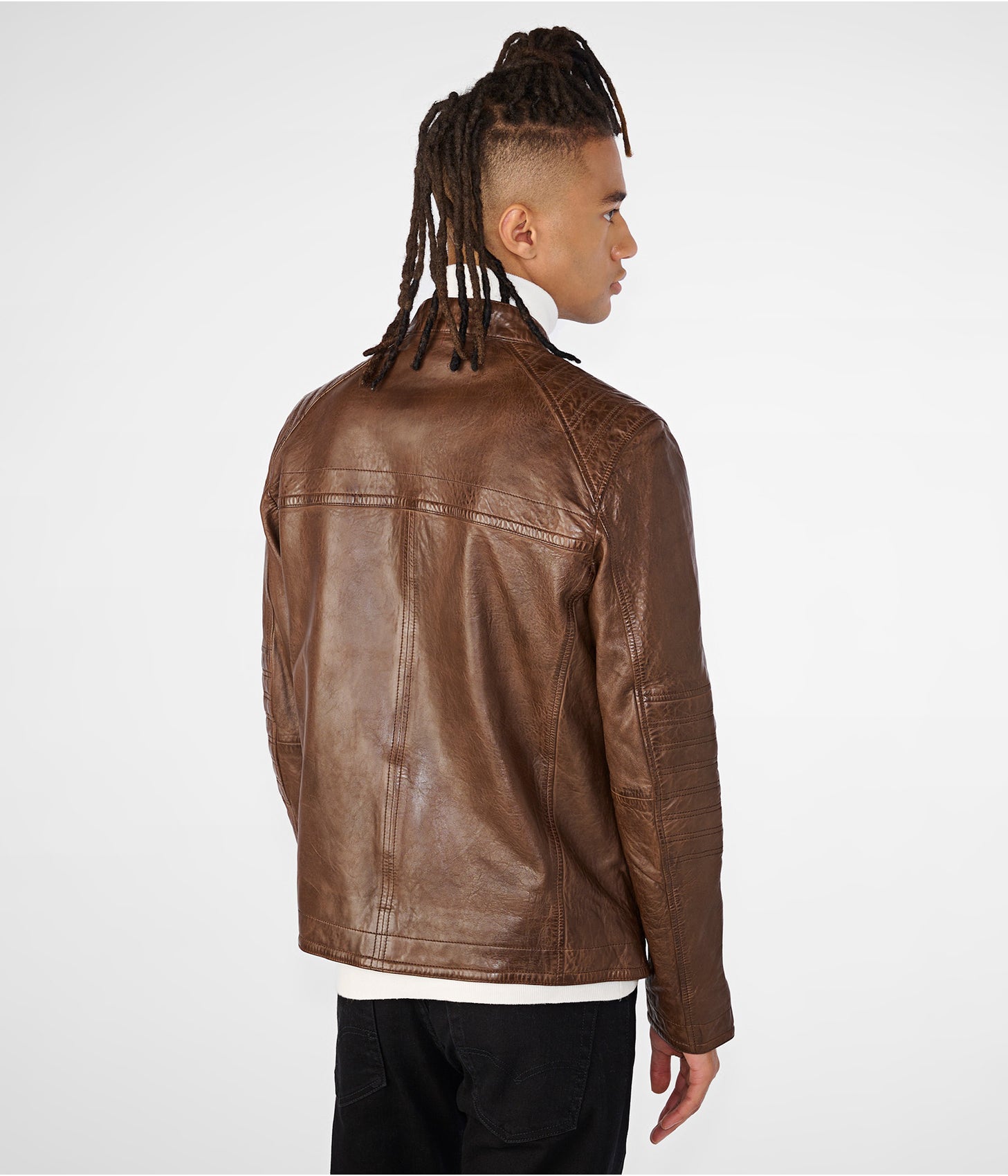 Men's Leather Cafe Racer Biker Jacket In Dark Brown