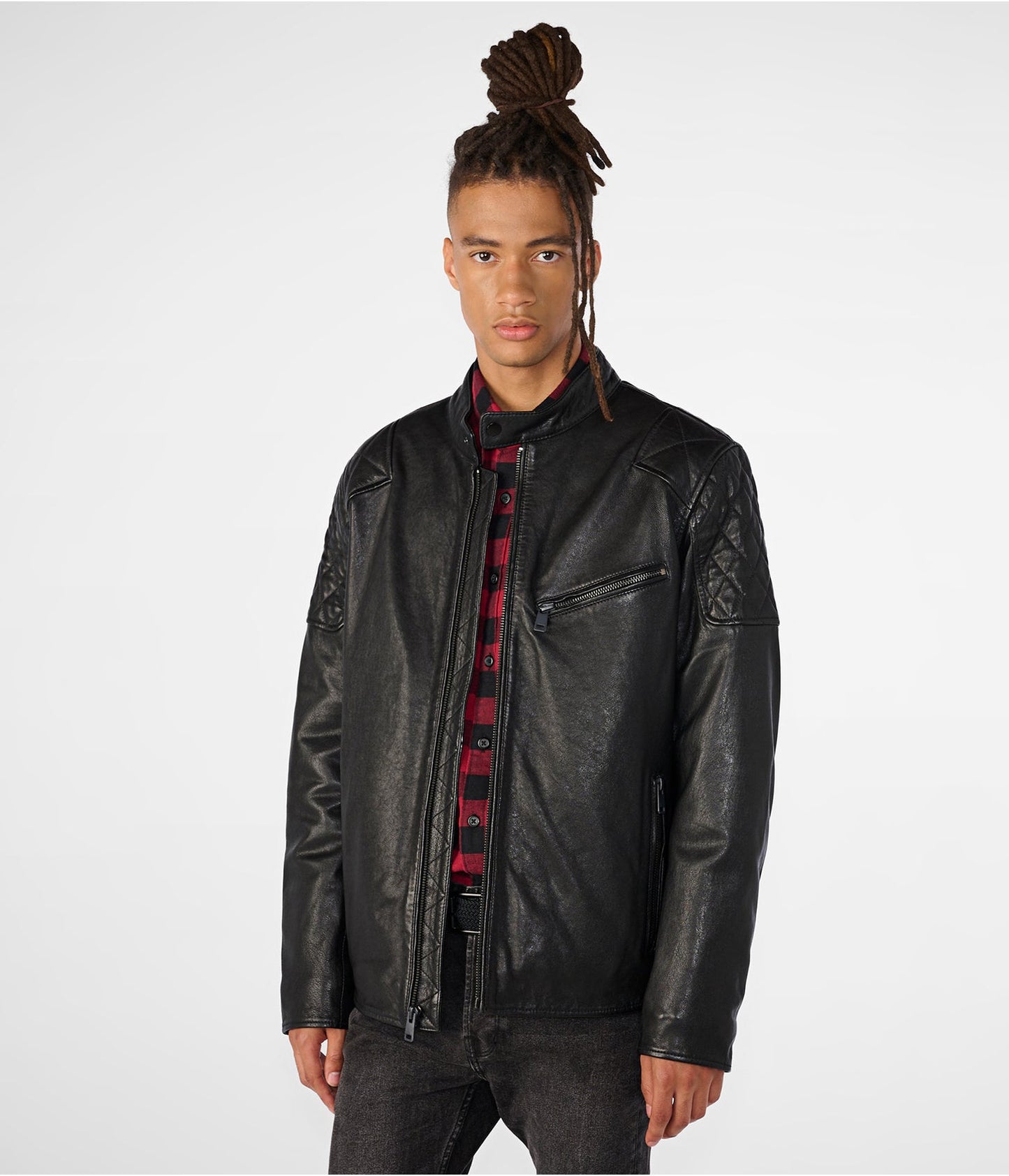 Men's Leather Jacket In Black With Quilted Shoulder