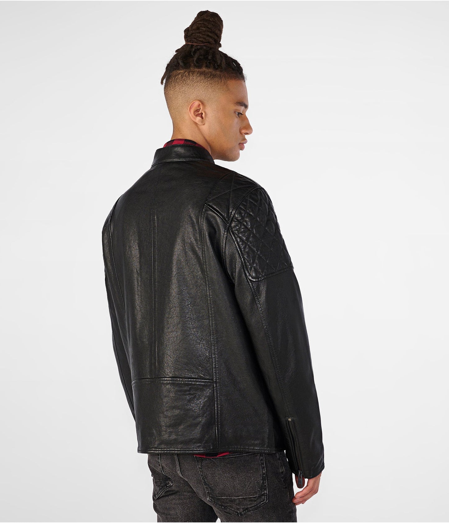 Men's Leather Jacket In Black With Quilted Shoulder