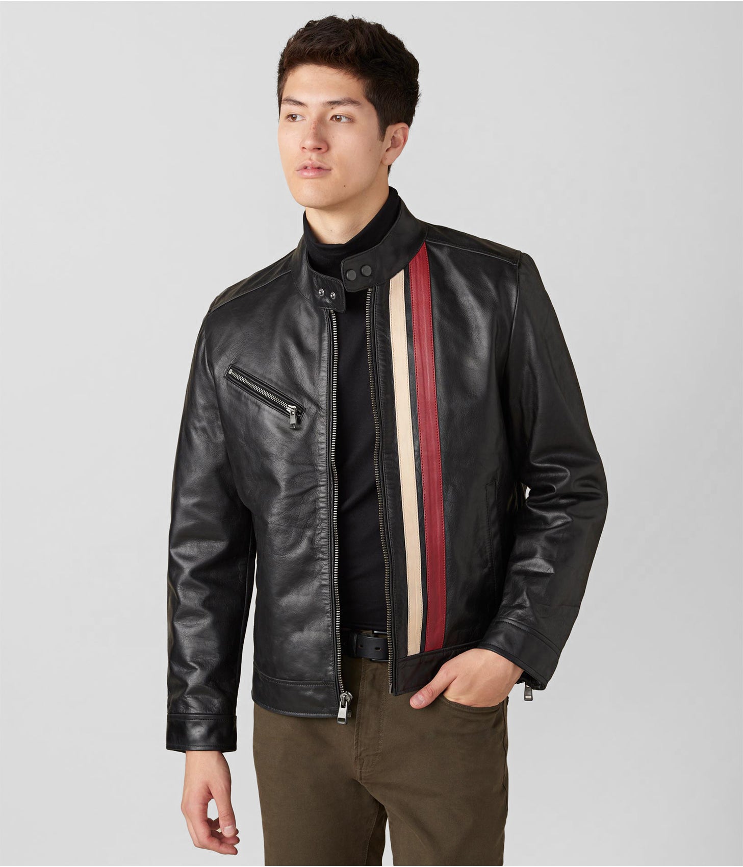 Men's Leather Moto Jacket In Black With Stripes On Front