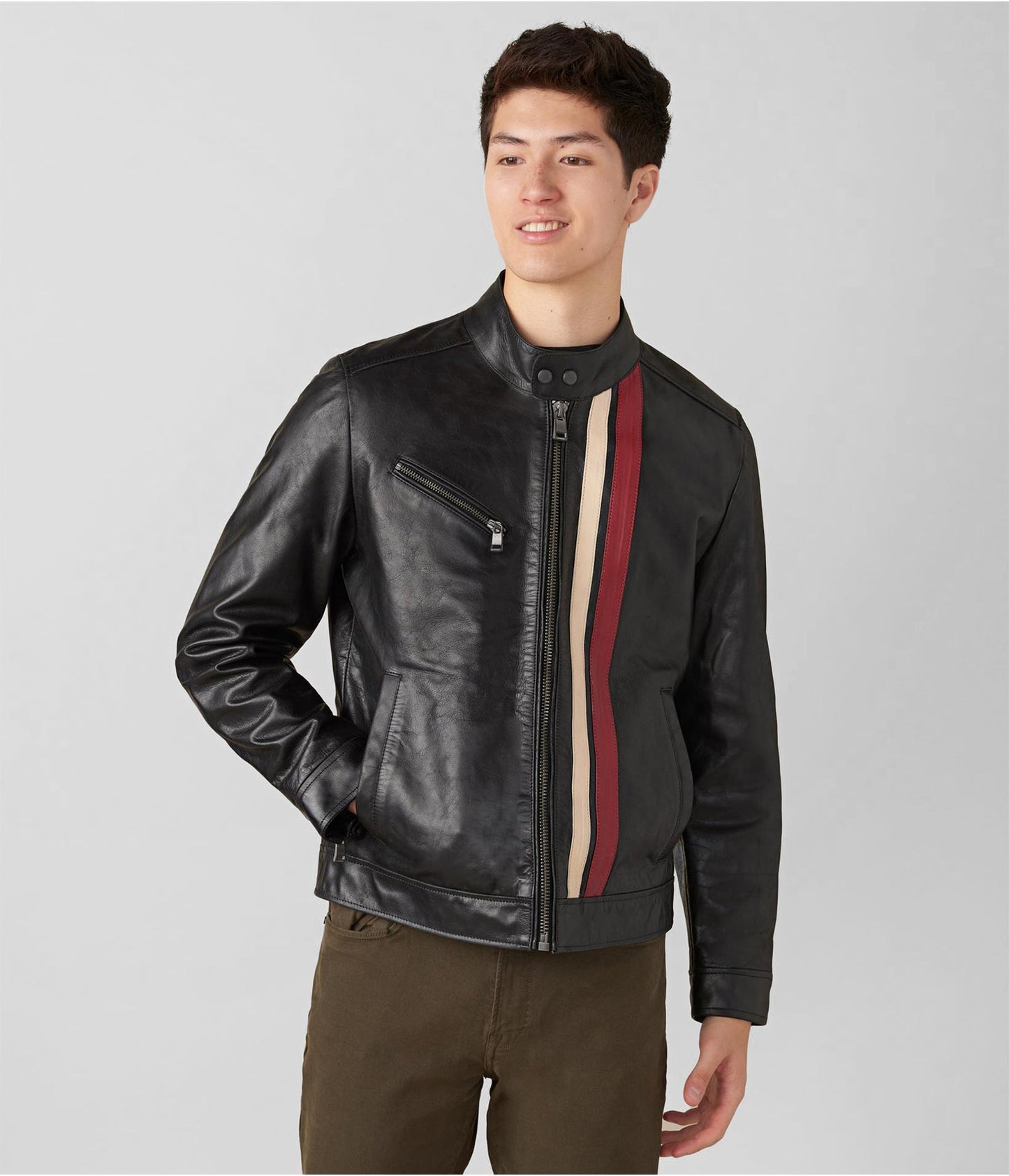 Men's Leather Moto Jacket In Black With Stripes On Front