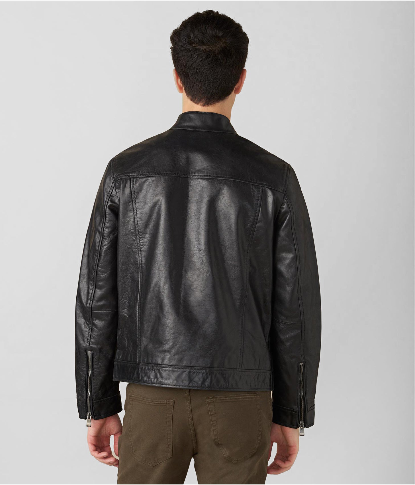 Men's Leather Moto Jacket In Black With Stripes On Front
