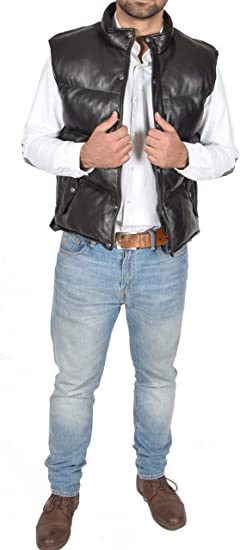 Men's Leather Puffer Vest In Black