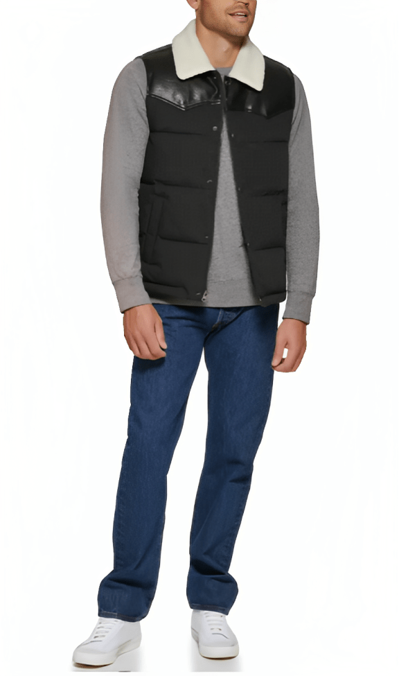 Men's Puffer Leather Vest In Black With Shearling Collar