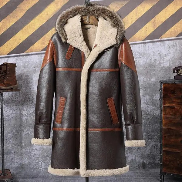 Men's Shearling Leather Coat In Black With Hood