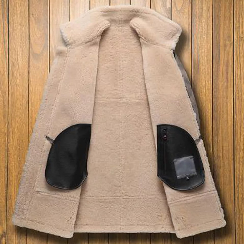 Men's Shearling Leather Coat In Gray With Removable Hood